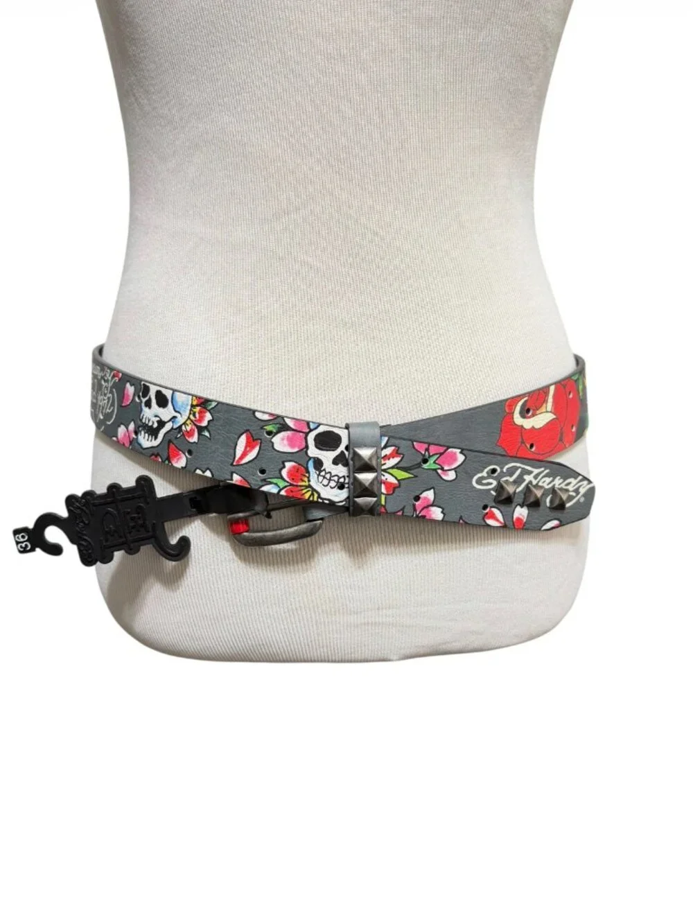 NWT Ed Hardy Studded Dark Gray Graphic Belt Y2K Mens Size 36